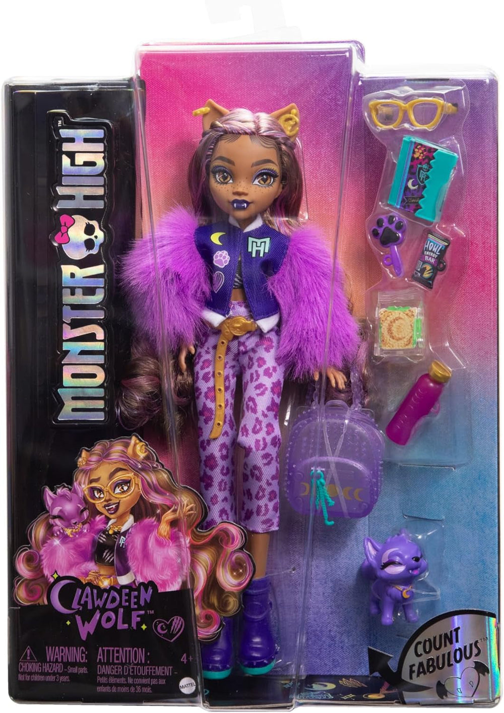 Monster High Clawdeen Wolf-Puppe mit Hund Crescent und Accessoires wie Rucksack, Kalender, Snacks und mehr, HRP65
