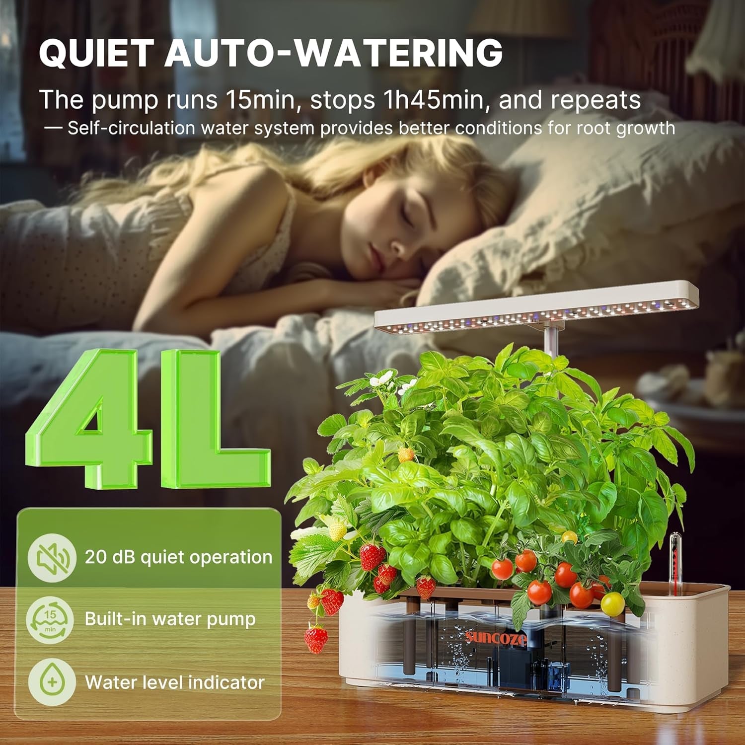Kit sistem de creștere hidroponică cu 12 capsule, lampă LED de 24W pentru grădină de interior, rezervor de apă de 4L cu pompă silențioasă, jardinieră cu înălțime reglabilă pentru plante aromatice, kit de grădinărit de interior, cadouri de grădinărit, bej