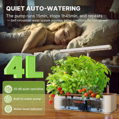 Kit sistem de creștere hidroponică cu 12 capsule, lampă LED de 24W pentru grădină de interior, rezervor de apă de 4L cu pompă silențioasă, jardinieră cu înălțime reglabilă pentru plante aromatice, kit de grădinărit de interior, cadouri de grădinărit, bej
