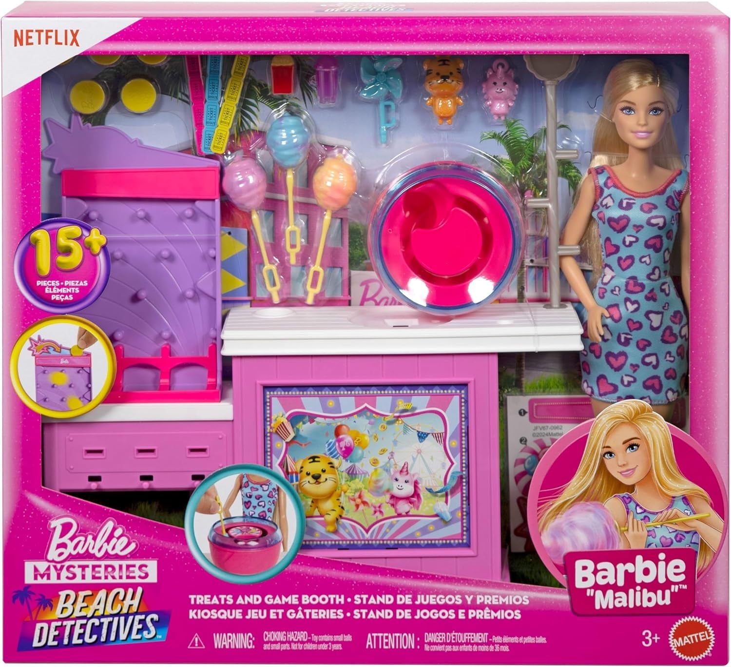 Barbie Mysteries: Beach Detectives Barbie Malibu Puppe und Zuckerwatte Spielstand Spielset mit 20 Zubehörteilen, inklusive Preise, JFV67