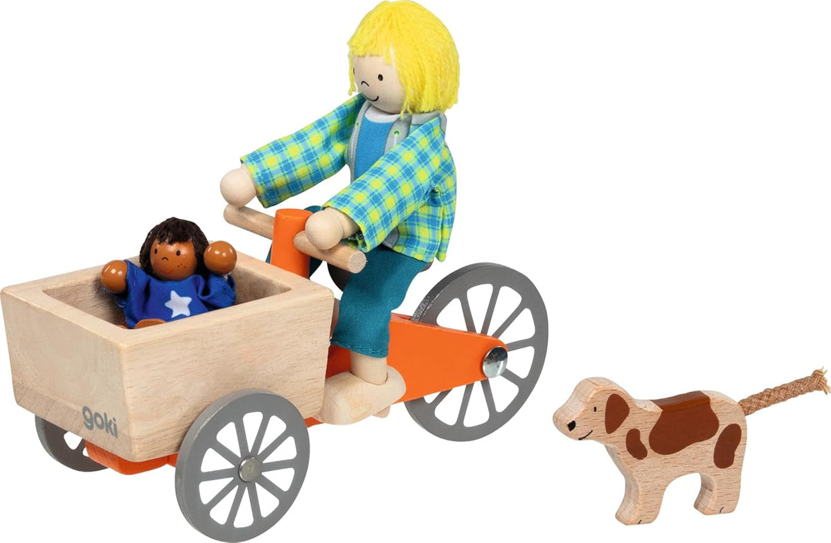 Lastenfahrrad mit 2 Biegepuppen und Hund: Lastenrad: 16 x 6,8 x 7,5 cm, Holz, Textil, 4 Teile, per Set, Braun