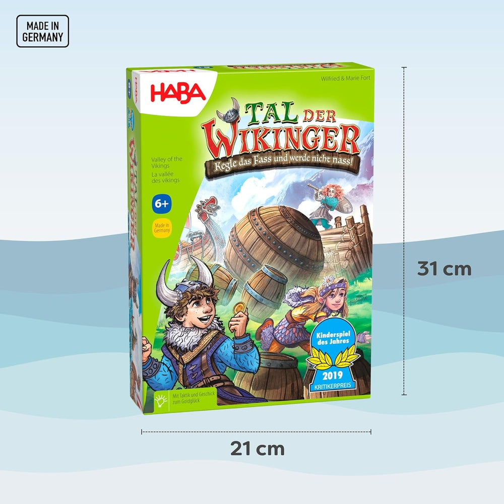 HABA Valea Vikingilor – Joc de societate rapid pentru dexteritate, pentru vârste de la 6 ani în sus, pentru 2–4 jucători – Tablă de joc XXL și nave vikinge 3D – Promovează tactica și curajul – 1304697001