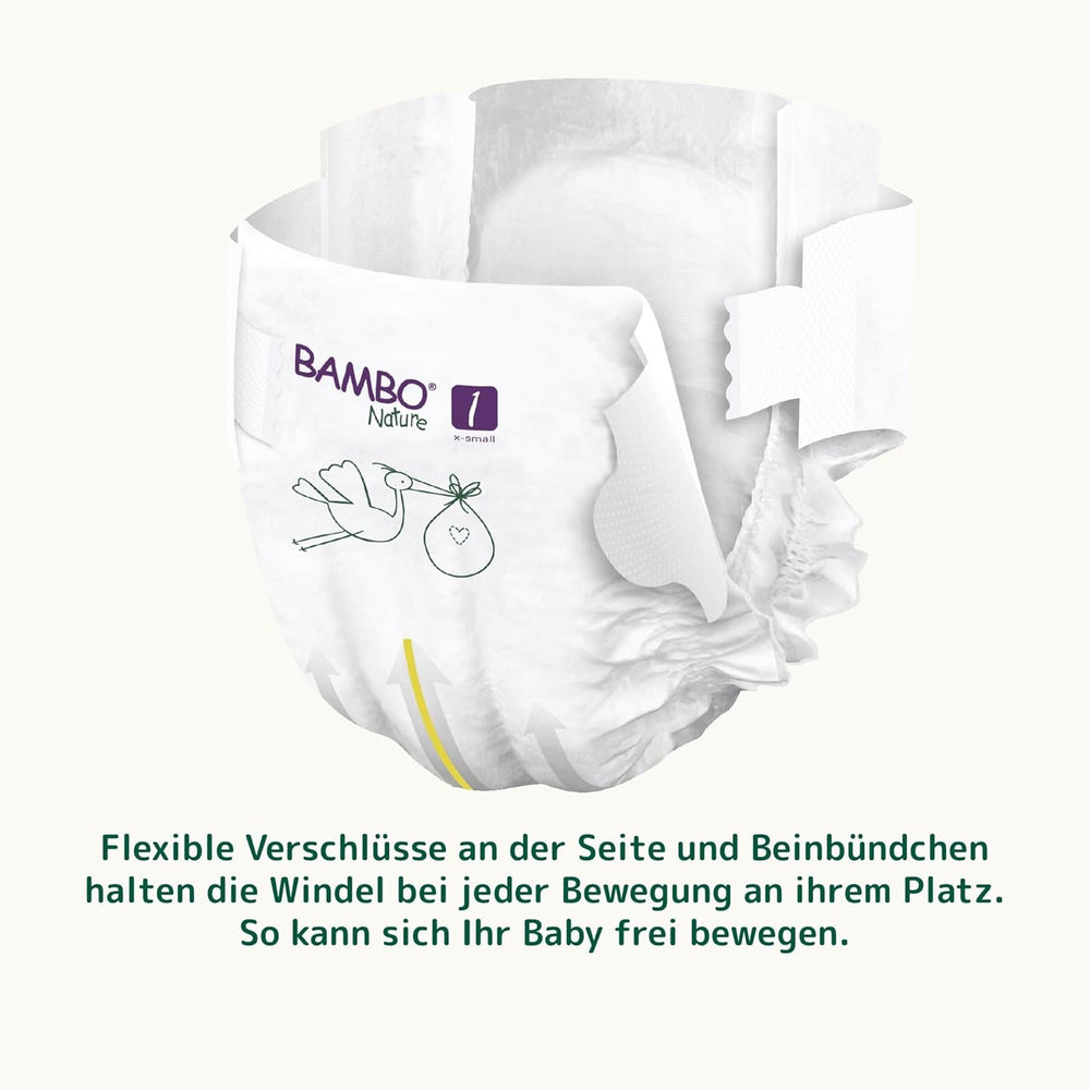 Scutece Bambo Nature pentru bebeluși, mărimea 1 (2-4 kg), cutie lunară de 132 bucăți | Scutece premium cu protecție îmbunătățită împotriva scurgerilor | Confort și libertate supreme pentru nou-născuți | Scutece testate dermatologic