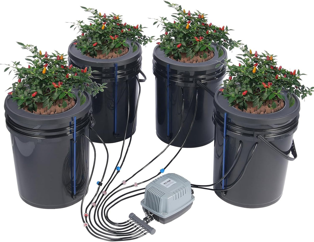 Sistem de creștere hidroponică VEVOR DWC, sisteme de creștere hidroponică cu kit de picurare în ghiveci, cultură în apă adâncă, 4 găleți de 20 l, cu pompă de aer, pietre de aer și indicator al nivelului apei pentru legume cu frunze verzi