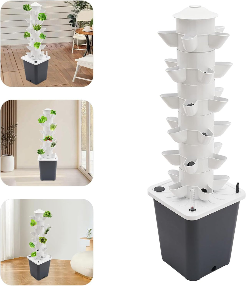 Turn hidroponic cu 30 de capsule, sistem de creștere hidroponică pentru grădină, kit de creștere verticală hidroponică cu 6 niveluri, turn aeroponic cu pompă de hidratare, adaptor și pat de însămânțare (gri)