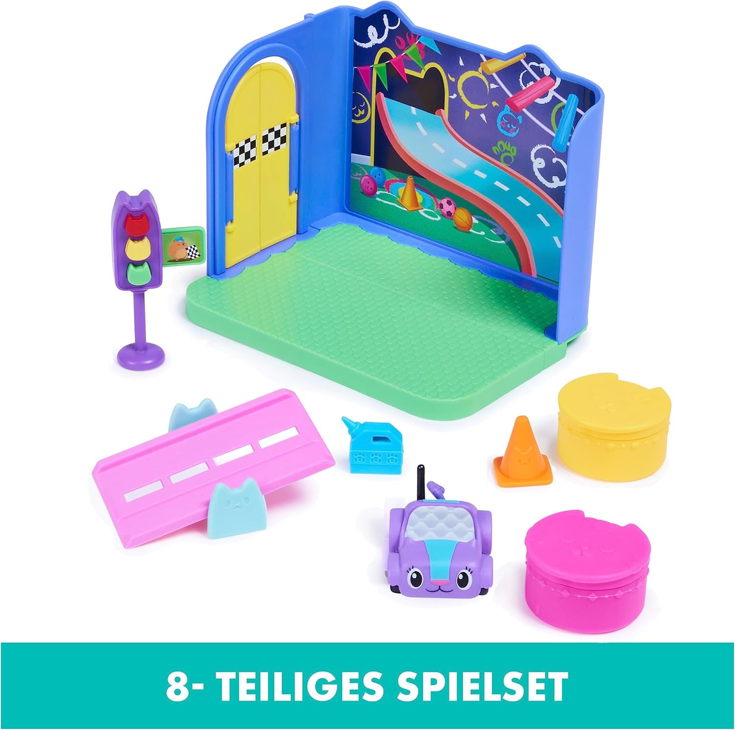 Gabby's Dollhouse Deluxe Room, cameră de joacă Purr-Ific, cameră de joacă cu mașină de jucărie Carlita, 2 piese de mobilier și 2 cutii surpriză cu accesorii, potrivită pentru copii de 3 ani și peste Casute de papusi Naty Shop