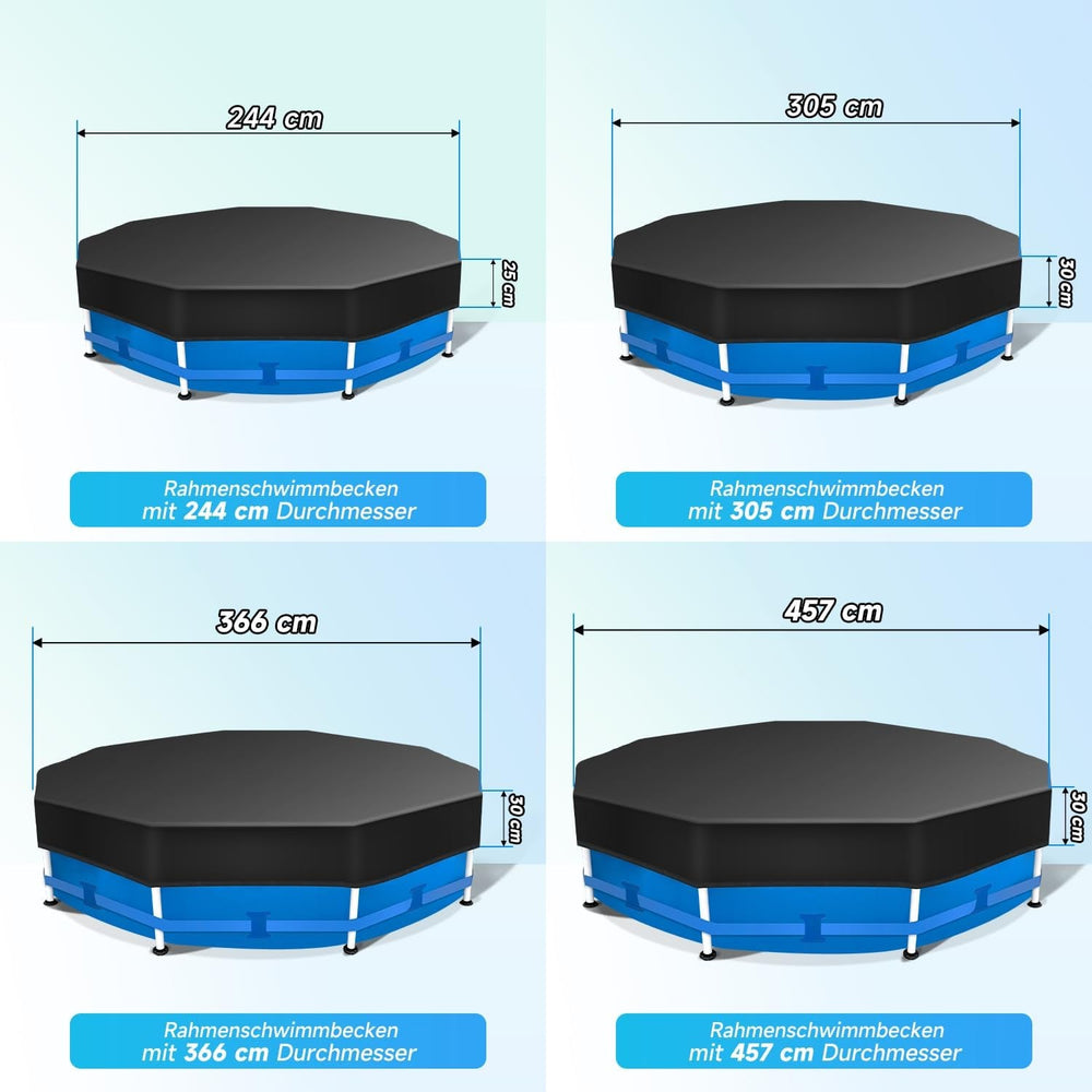 Prelată rotundă pentru piscină Sekey 305 cm – Potrivită pentru piscine rotunde cu cadru din oțel | Catarame reglabile și închidere cu velcro | Rezistentă la vânt și praf | Prelată de înaltă densitate rezistentă la rupere | Neagră
