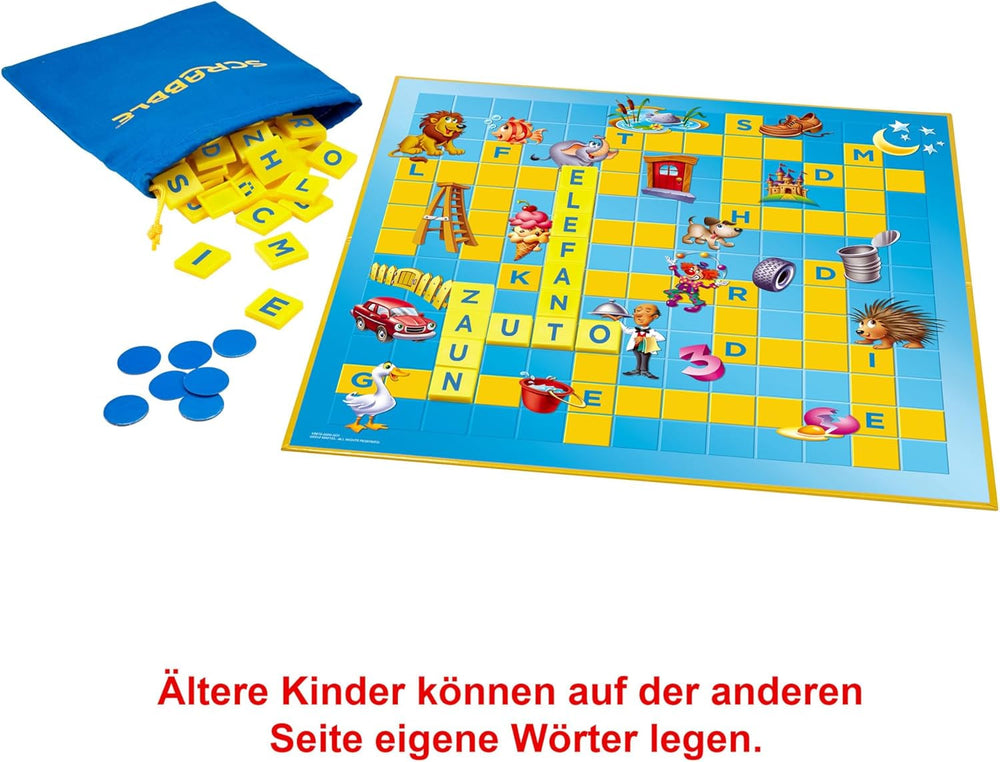 Mattel Games Scrabble Junior - Joc de cuvinte și joc pentru copii, Joc de societate potrivit pentru 2-4 copii cu vârsta de 6 ani și peste, Designul poate varia, Versiune germană, Y9670