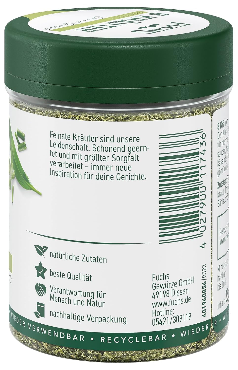 Fuchs Gewürze - 8 Kräuter gerebelt - Kräutermischung für Marinaden, Fischgerichte oder Kräuter-Frischkäse - natürliche Zutaten - 25 g in wiederverwendbarer, recyclebarer Dose