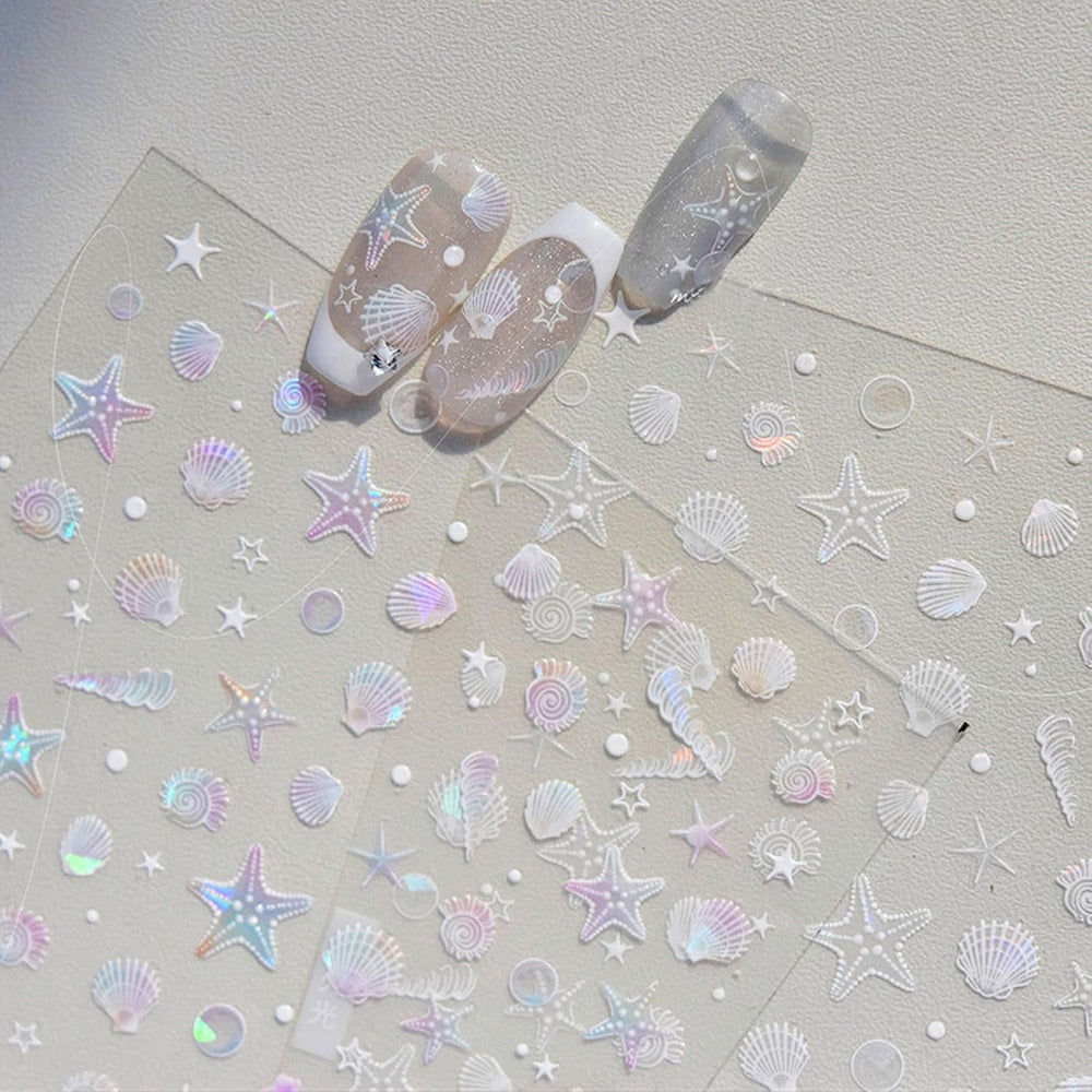 JMEOWIO 3D Nagelsticker Aurora Muschel Seestern Nail Art Sticker Selbstklebend Nagelaufkleber 5D Stereoskopisch Ozean Thema Dekoration Nageldesign Zubehör 1 Blatt