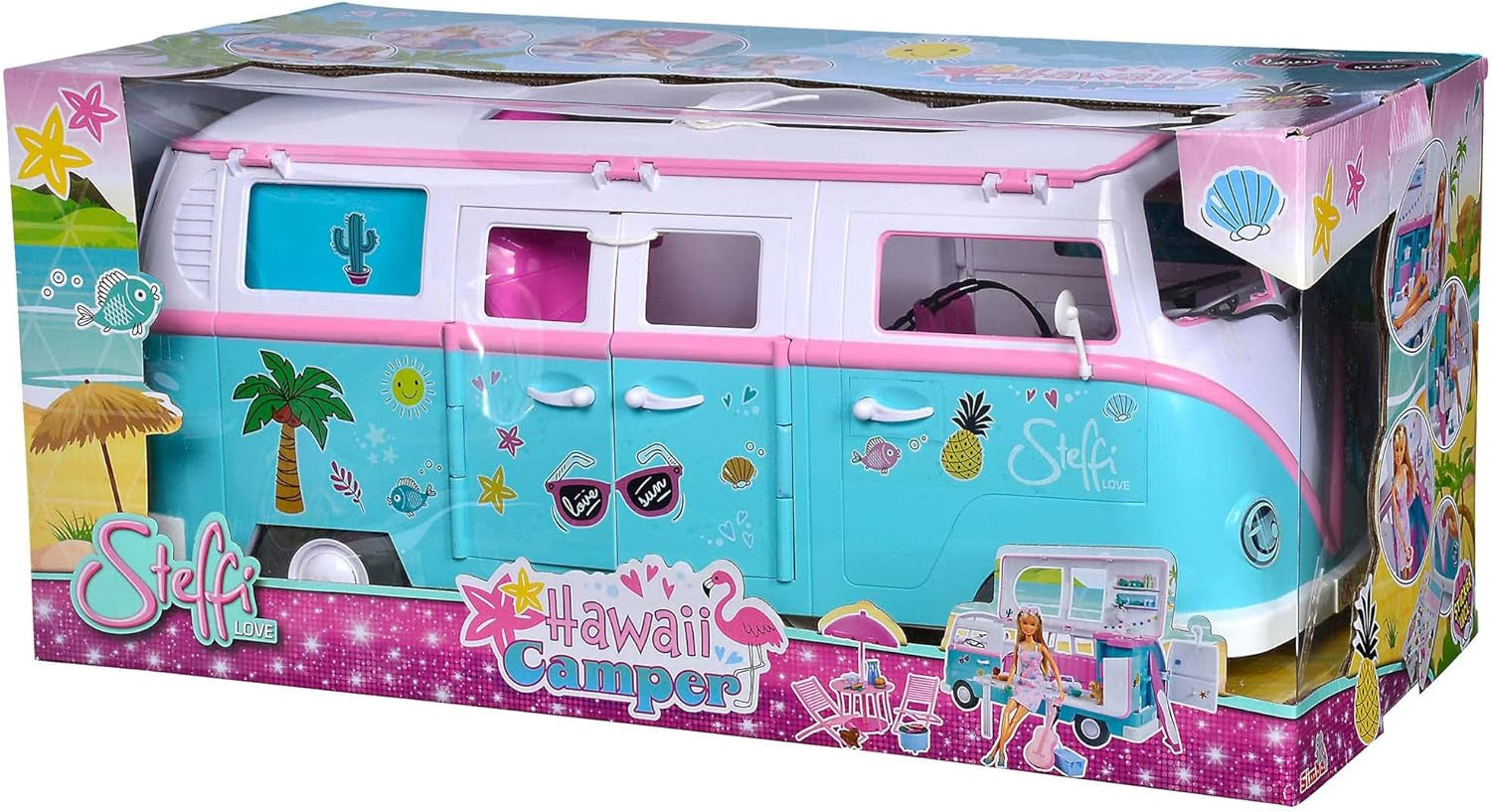 Simba Steffi Love Hawaii Camper / Puppe mit aufklappbarem Camper / inkl. Küche / Sitzecke / Bett / Tisch und viel Zubehör / L:51cm / 29cm / Für Kinder ab 3 Jahren geeignet, 105733523
