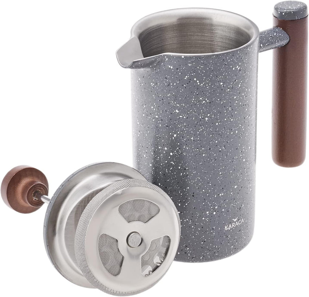 Presă franceză cu pereți dubli din marmură KARACA și mâner din castan – Presă franceză izolată pentru cafea – Aparat de cafea pentru acasă, călătorii și camping – 350 ml – Gri închis