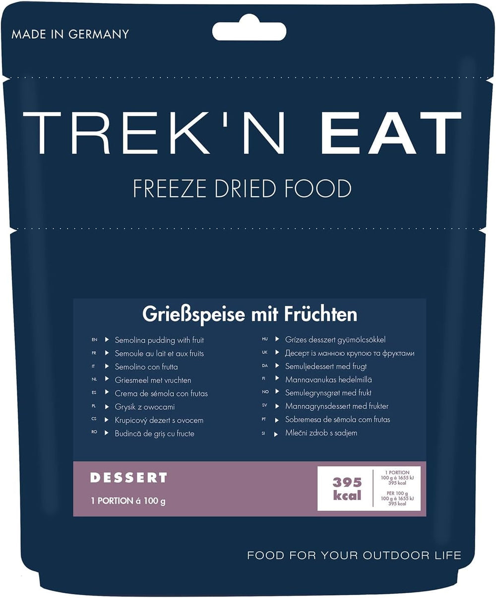 Budincă de griș cu fructe Trek'n Eat – Desert cremos de griș cu fructe pentru activități în aer liber, drumeții și provizii de urgență | Budincă de griș gata preparată cu apă, termen lung de valabilitate, fără aditivi