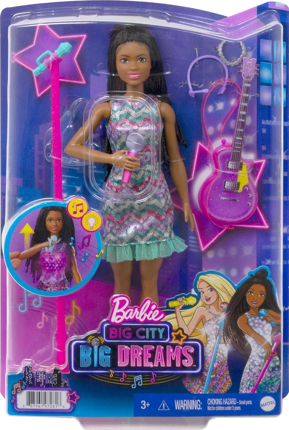 Barbie GYJ22 - Bühne frei für große Träume Brooklyn Puppe (ca. 30 cm, braune Zöpfe) mit Melodien aus dem Film, Lichtern, Mikrofon und Accessoires, Geschenk für Kinder ab 3 Jahren