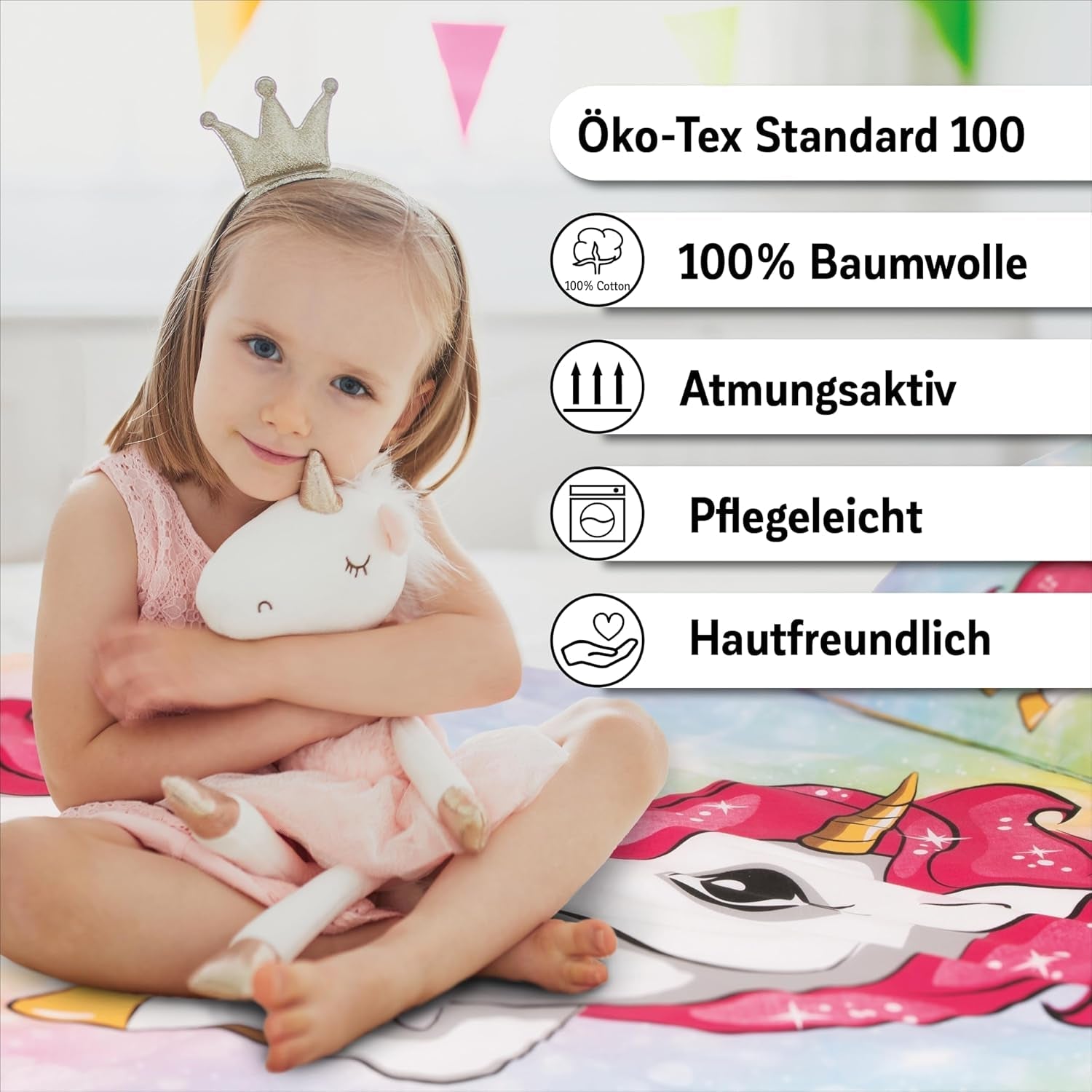 Lenjerie de pat pentru fetite, Unicorn, 100 x 135 cm si 40 x 60 cm, bumbac Lenjerie de pat - copii Naty Shop