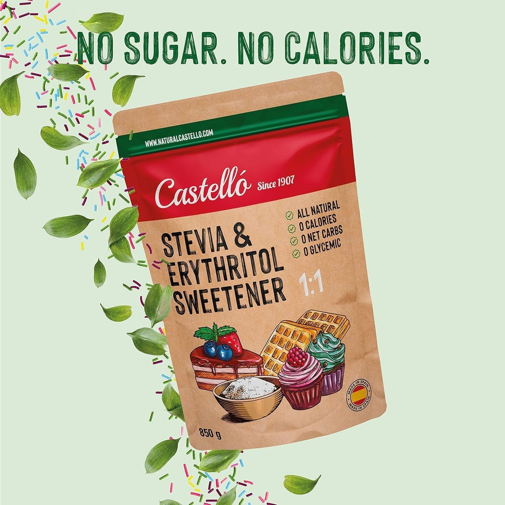 Stevia + Erythrit 1:1 Süßstoff | 1G = 1G Zucker | 100% Natürlicher Zuckerersatz - 0 Kalorien - 0 Glykämischer Index - Keto Und Paleo - 0 Netto-Kohlenhydrate - Kein GVO - Castello since 1907-850 G Indulcitori Naty Shop