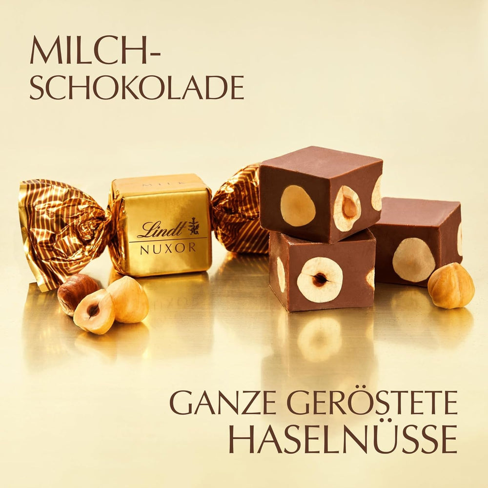 Ciocolată Lindt | Pliculeț de ciocolată cu lapte NUXOR | 103g | Cuburi cremoase de ciocolată cu lapte Gianduja cu alune de pădure prăjite | Cadou de ciocolată