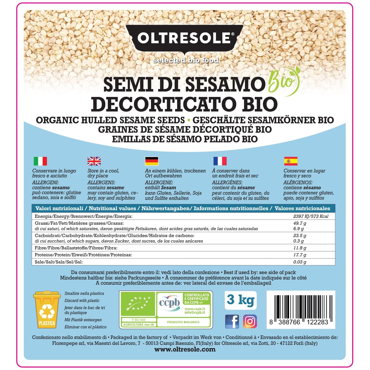Semințe de susan organice 3 kg, semințe oleaginoase organice crude, susan alb, decojite natural, neprăjite, sursă de calciu și fier, pachet economic