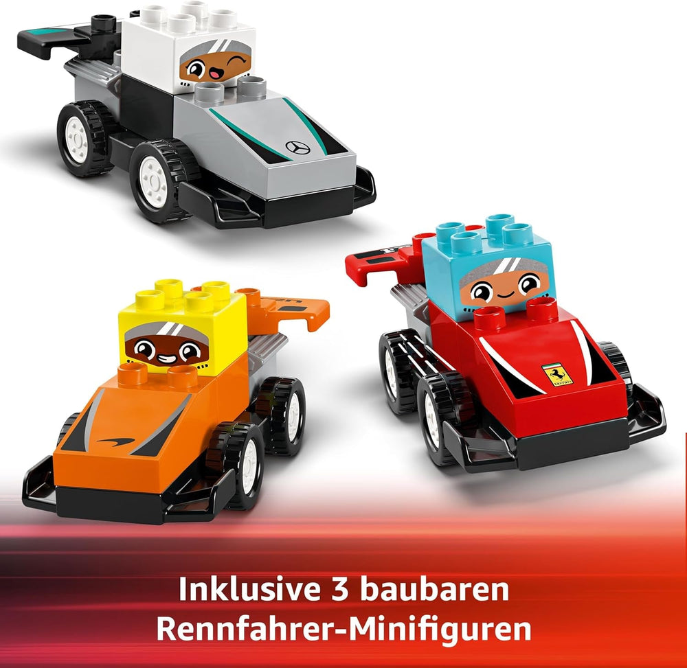 LEGO DUPLO Town F1 Team Rennautos mit Rennfahrern - Montessori Spielzeug für Mädchen & Jungen - Lernspielzeug für Kinder ab 2 Jahren - 10 Spielzeug Autos mit Kran, Startlichtern, Siegerpodest - 10445