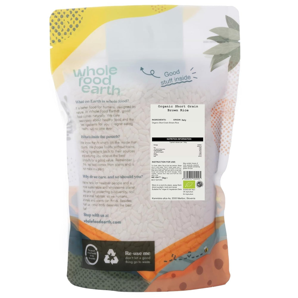 Orez brun cu bob scurt organic Wholefood Earth 3 kg, fără OMG, sursă vegană de fibre, provenit din agricultură organică controlată