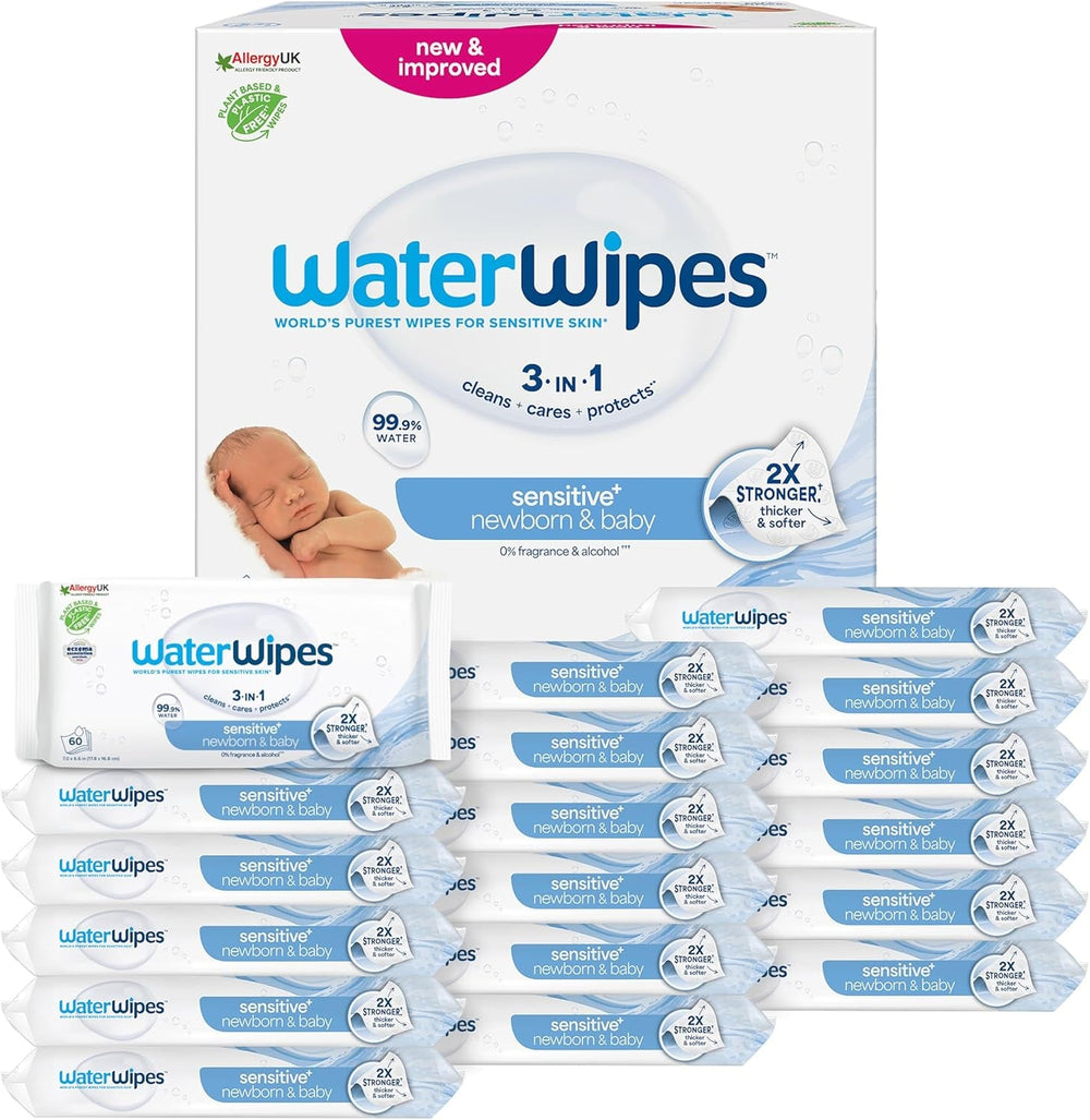 Șervețele umede WaterWipes Sensitive+ pentru nou-născuți și bebeluși, 360 bucăți (6 pachete), curățare, îngrijire, protecție 3 în 1, 99,9% apă, fără parfum