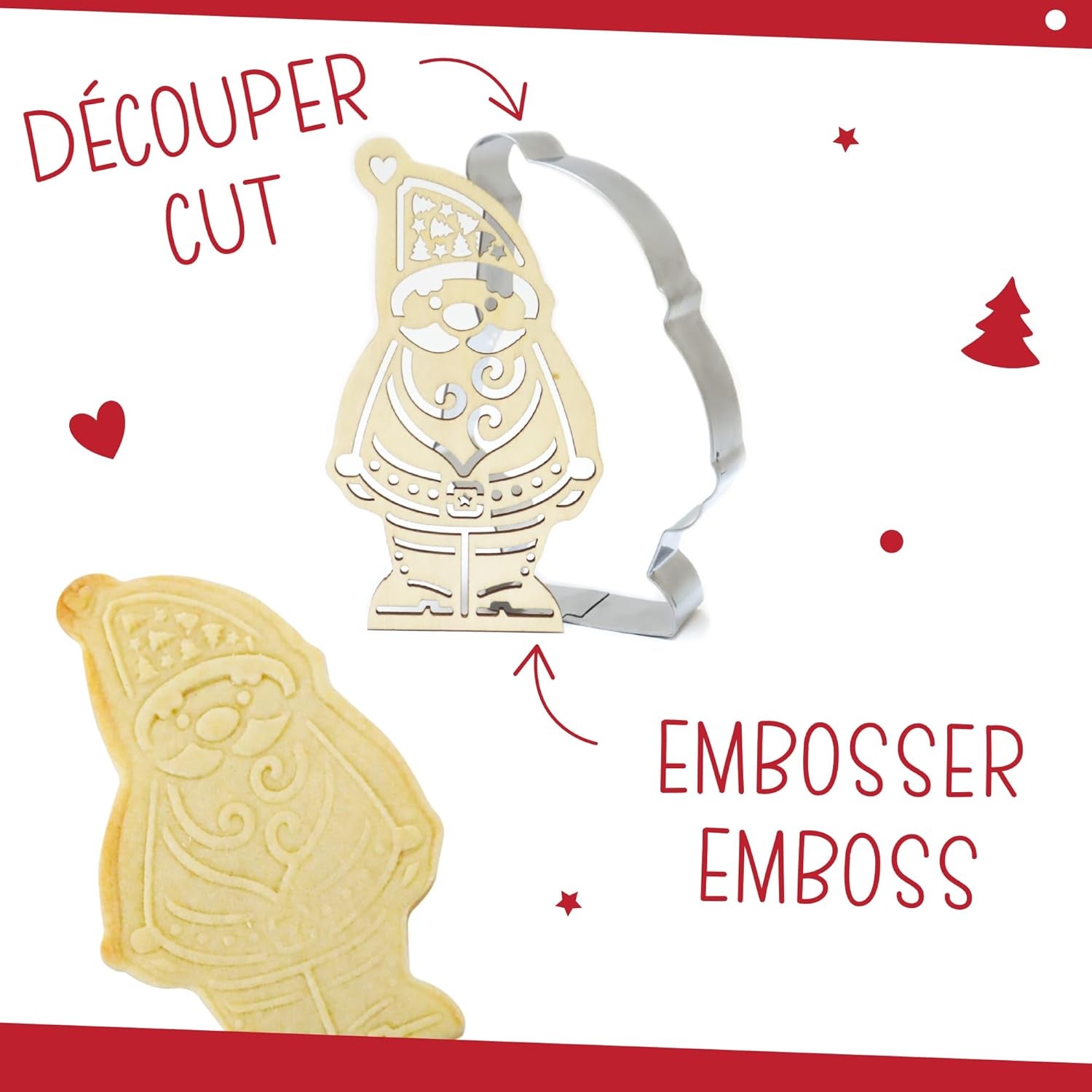 ScrapCooking – Set de tăiat fursecuri din lemn și embossare cu Moș Crăciun – Formă de tăiat fursecuri de Crăciun din oțel inoxidabil pentru fursecuri în relief – Accesorii de copt – Idee de cadou de Crăciun în bucătărie – 2079