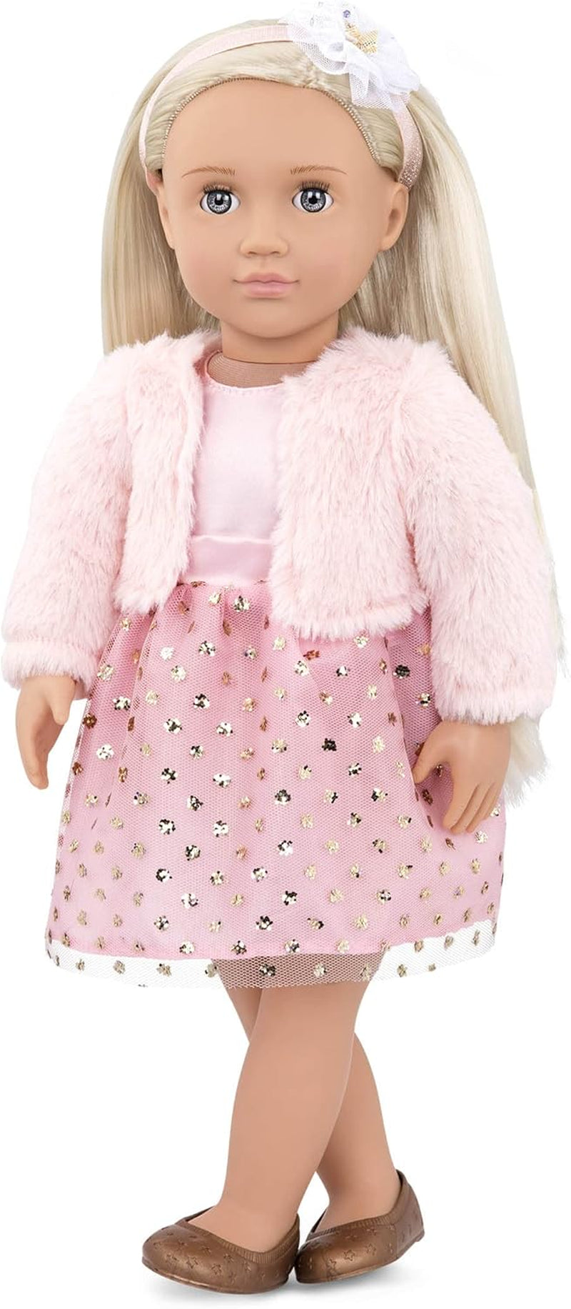 Our Generation - AVA - 46 cm-Modepuppe - Lebensechte hellblaue Augen & gewelltes Blondes Haar - Rosa Kunstpelz-Mantel-Outfit - Vorgetäuschtes Spiel - Spielzeug für Kinder ab 3 Jahren