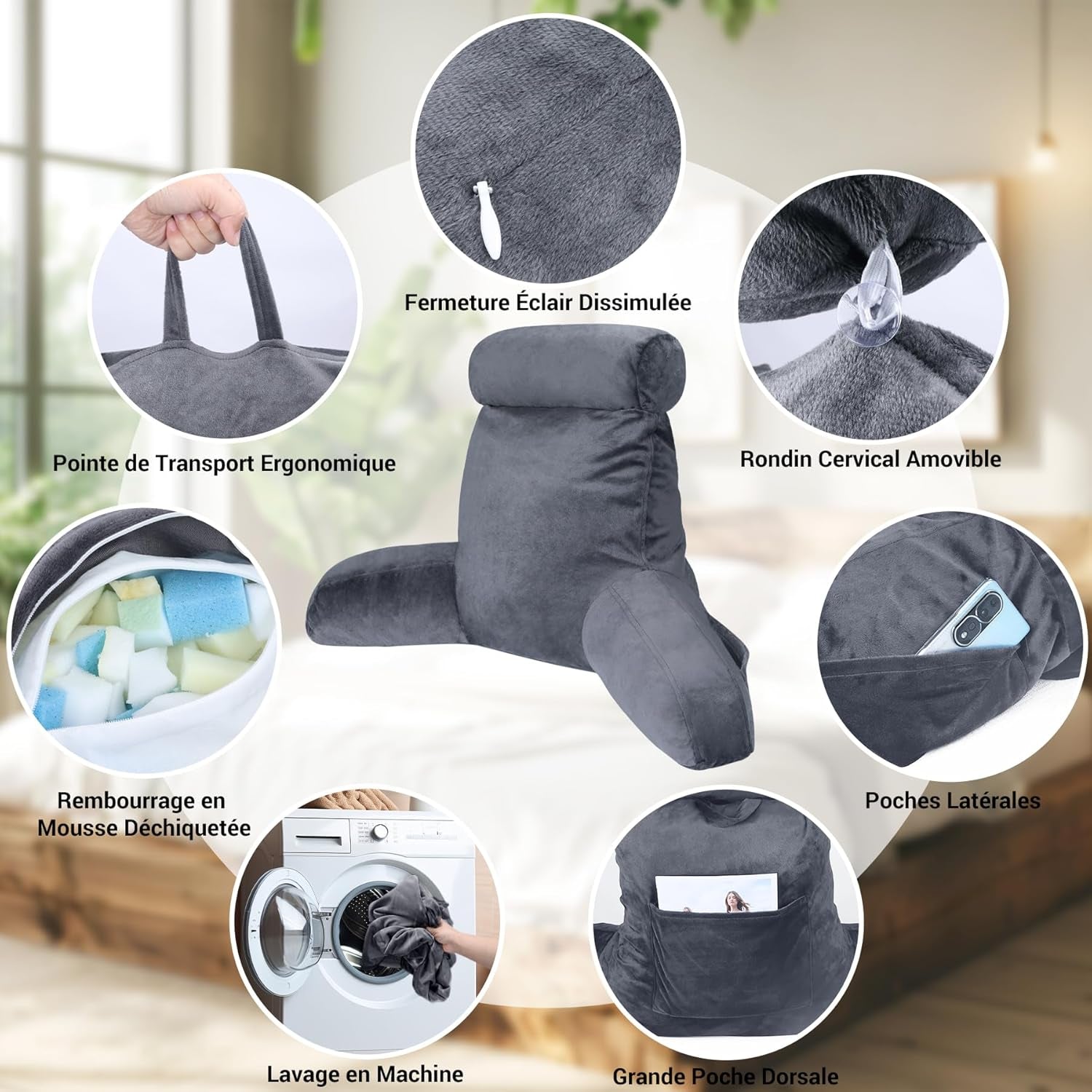 Pernă ergonomică pentru citit INFANZIA cu cotiere, suport pentru spate, mare, gri