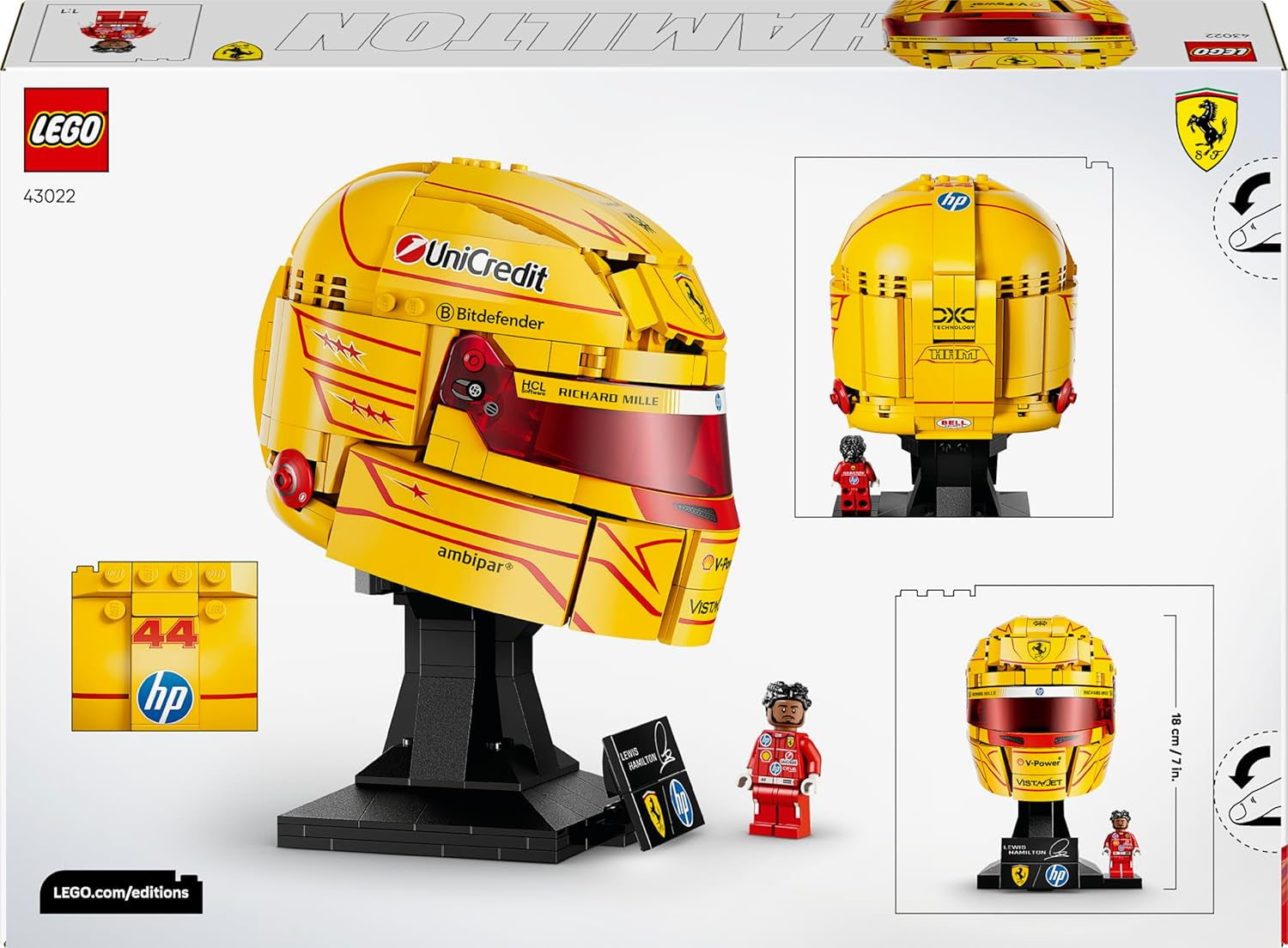 LEGO Editions Scuderia Ferrari HP Lewis Hamilton Helm - F1 Merchandise - Ausstellungsmodell Bausatz mit sammelbarer Minifigur - Geschenk für Jungen ab 14 Jahren und Erwachsene Motorsportfans - 43022