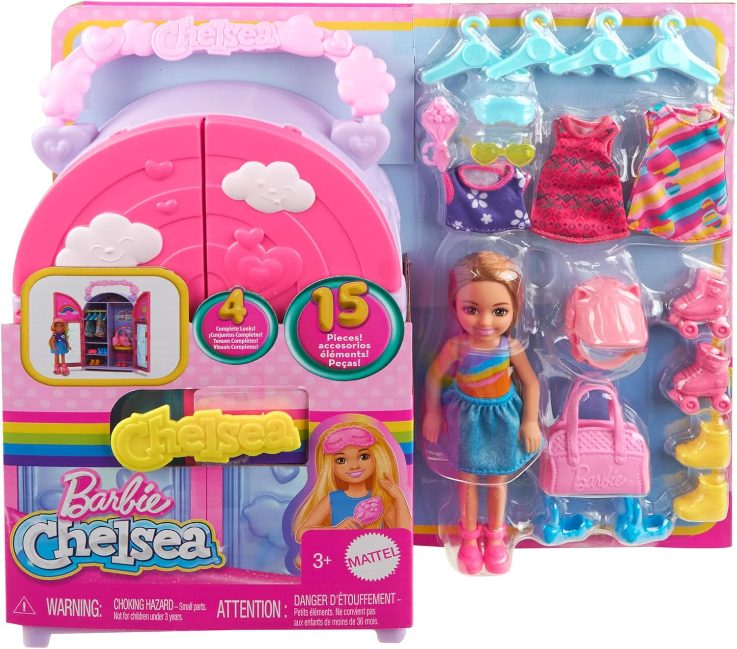 Barbie Chelsea Puppe und Kleiderschrank-Spielset mit Kleidung und Accessoires, 17-teiliges Set, faltbar zum Spielen für unterwegs und zum Verstauen, HXN03