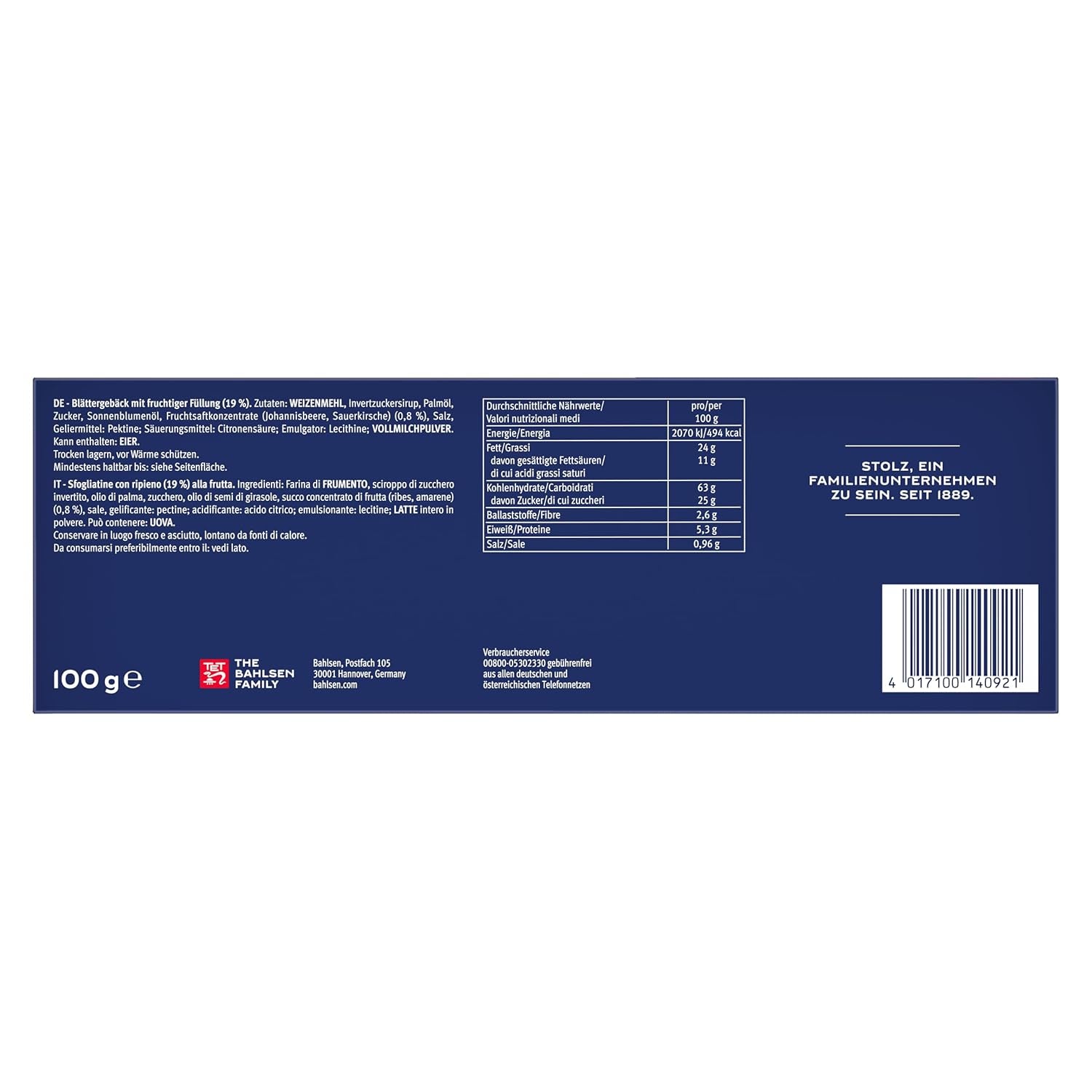 Bahlsen Deloba - 1 Pachet - Foietaj cu Umplutură de Coacăze Negre și Cireșe (1 x 100g)