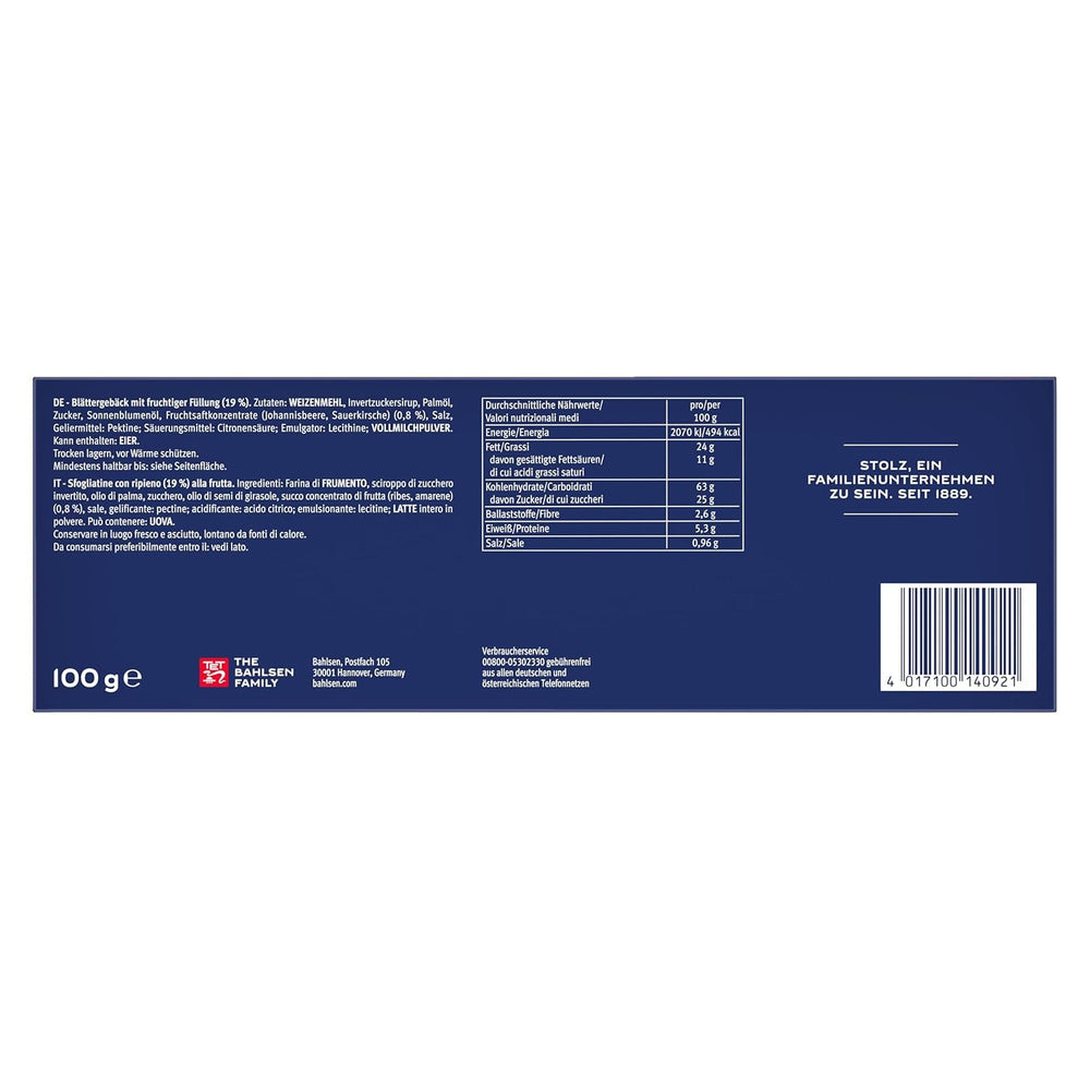 Bahlsen Deloba - 1 Pachet - Foietaj cu Umplutură de Coacăze Negre și Cireșe (1 x 100g)