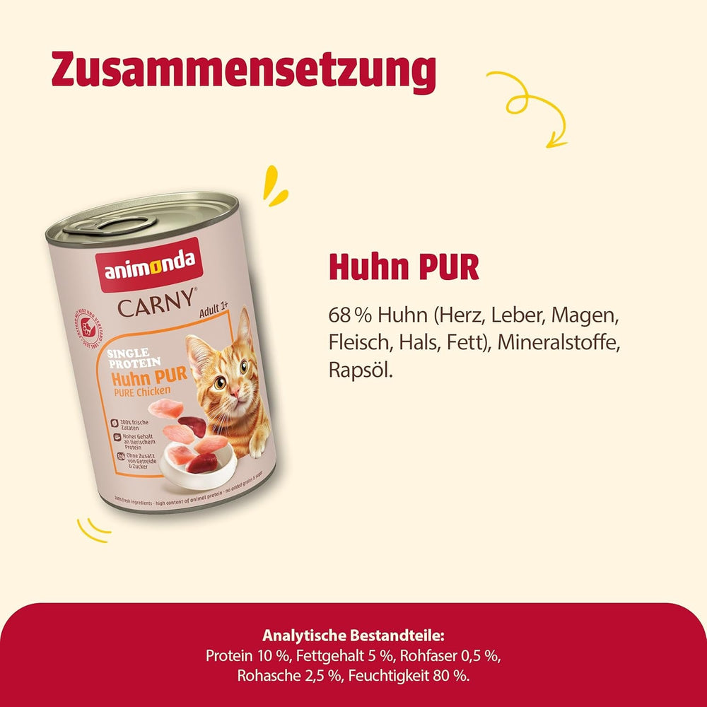 animonda Carny Adult Single Protein Pure Chicken (6 x 400 g), hrană umedă pentru pisici adulte cu o singură sursă de proteine, hrană umedă pentru pisici adulte, fără cereale și fără zahăr