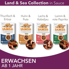 IAMS Delights Land & Sea Collection Hrană umedă pentru pisici - Pachet multiplu cu sortimente de carne și pește în sos, hrană umedă pentru pisici de la 1 an, 12 x 85 g