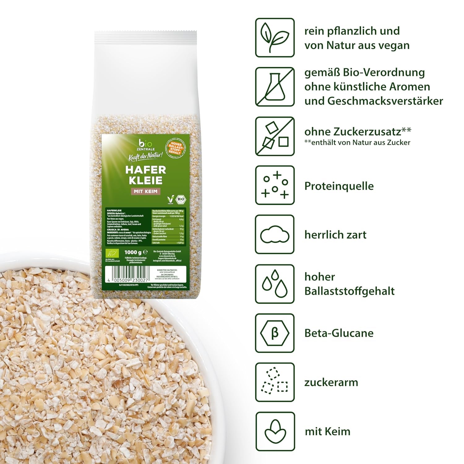 Tărâțe de ovăz organice biozentrale 1 kg | Pachet avantajos | Sursă de proteine bogată în fibre | Natural vegan | Din agricultura UE | Conținut scăzut de zahăr