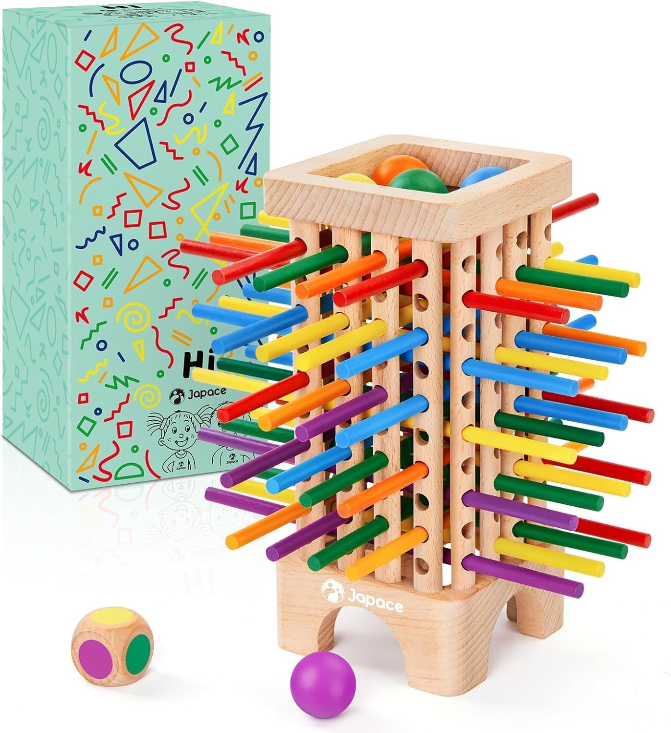 Joc de societate Montessori din lemn Japace, 42 de bețe de lemn colorate, joc de zaruri, jucărie de învățare a matematicii pentru vârste de 3, 4, 5, 6 ani, jucărie de motricitate fină și numărare, joc de familie, joc de călătorie pentru copii