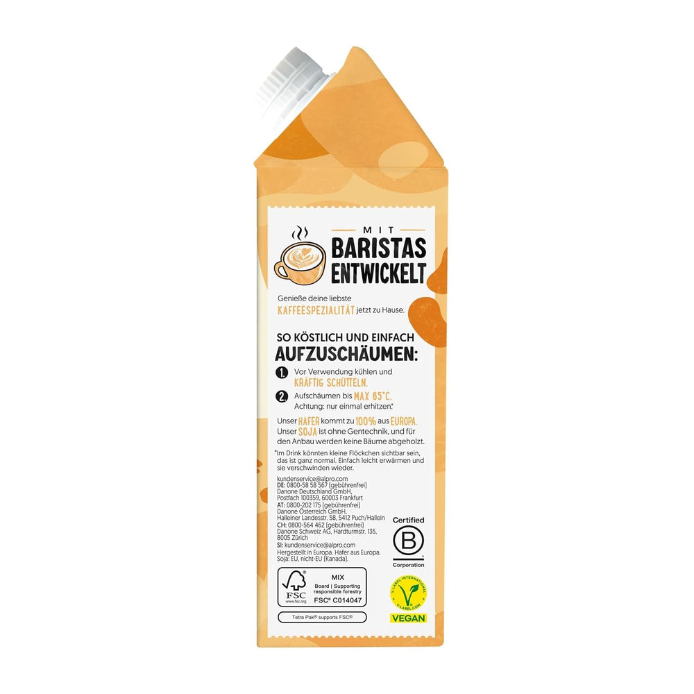 Alpro Barista Vanille – Zum Aufschäumen – Von Natur aus laktosefrei – Reich an Ballaststoffen, Calcium und Vitaminen – 8 x 750 ml – Haltbar