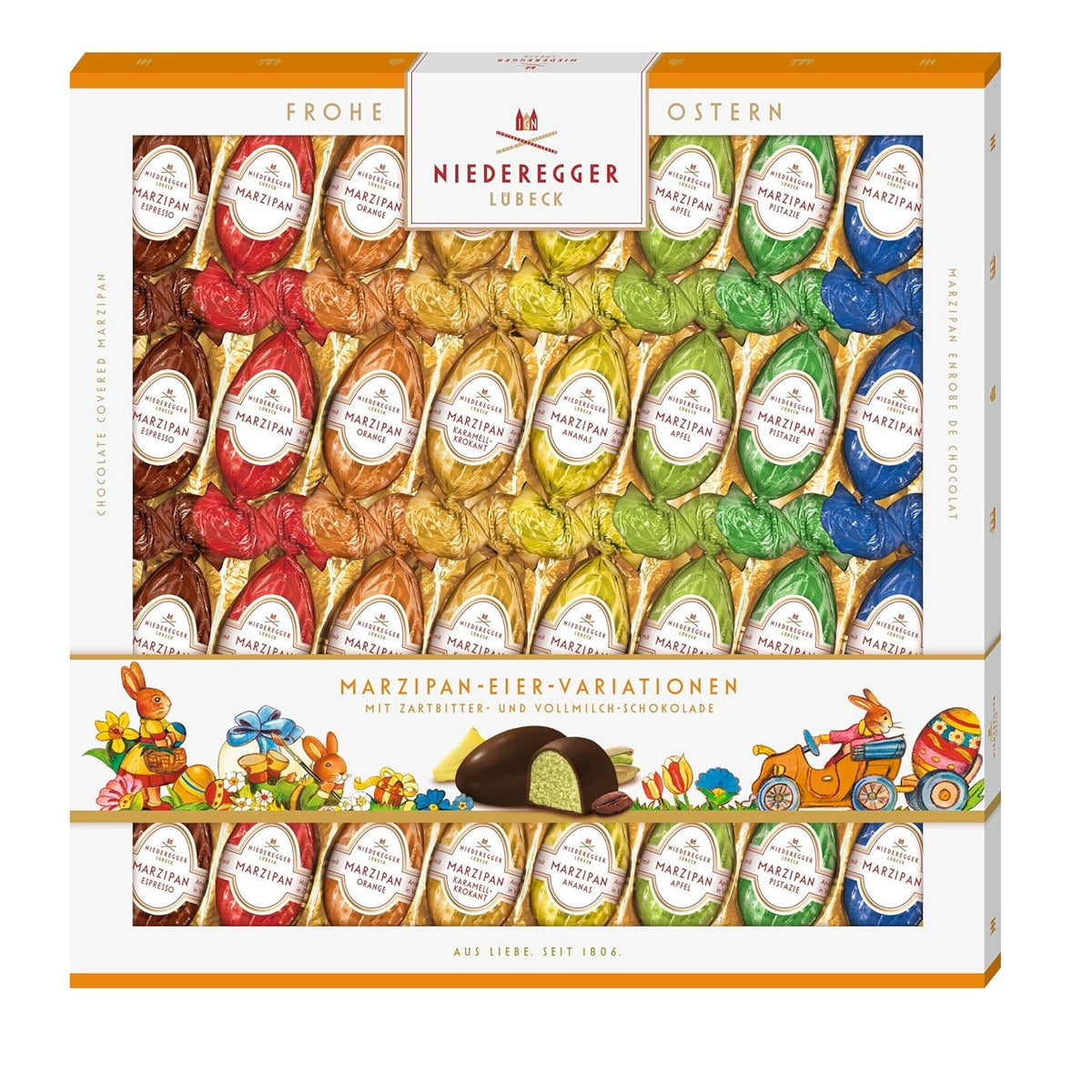 Niederegger | Ouă de marțipan | 1 x 400g | Variante: Clasic, Ciocolată cu lapte, Portocală, Caramel Crunch, Ananas, Măr, Espresso și Fistic | Învelite în ciocolată neagră și cu lapte | Cadou de Paște