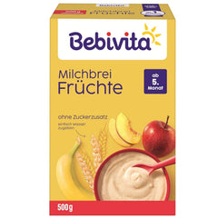 Terci de lapte cu fructe (4x500g), de la 5 luni, fără zahăr adăugat, cu minerale și vitamine valoroase, foarte sățios