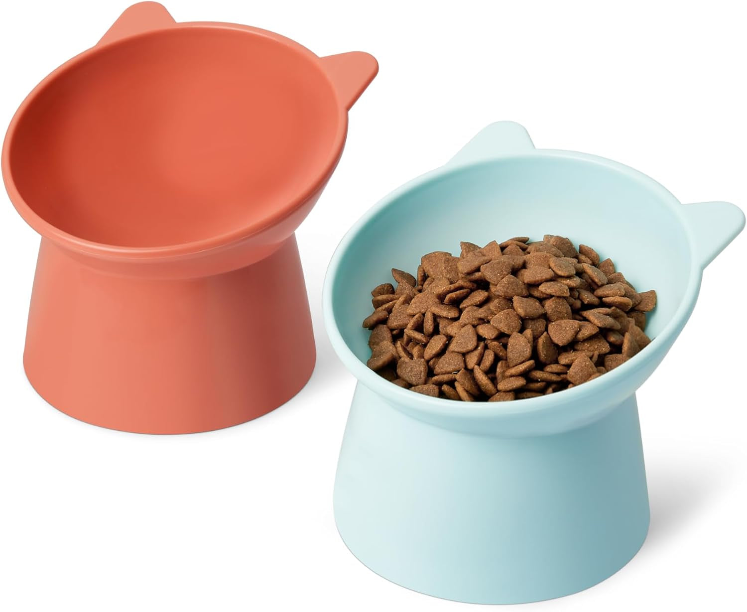 Boluri pentru hrană pentru pisici Amazon Basics, formă de ureche de pisică, pachet de 2, 13,2 × 13,2 × 11,4 cm, portocaliu și albastru