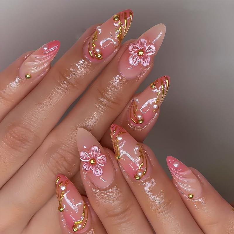 Mouyouglow 30 bucăți unghii false scurte, model floral cu dungi albe, culoare nud, model francez 3D, cu flori Y2K, cu lipici pentru unghii, vârfuri albe, flori argintii ondulate, vară, INS, unghii artificiale