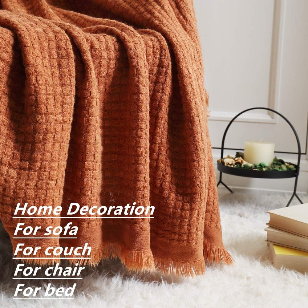 CREVENT Pătură tricotată din rugină pentru canapea, canapea, scaun, pat, decorațiuni interioare, moale, caldă, confortabilă, ușoară, pentru primăvară, vară, toamnă (127,8 X 152,4 cm Caramel / maro / portocaliu ars) Paturi si Cuverturi CREVENT