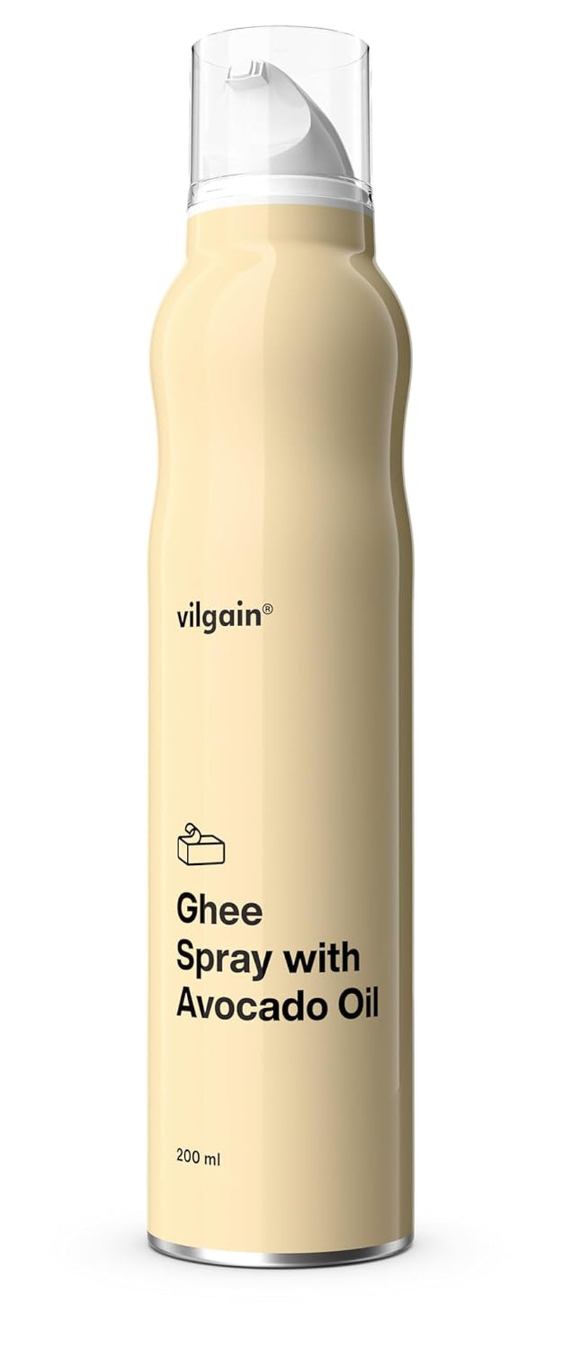 Vilgain Ghee Spray mit Avocadoöl | Laktosefrei, zum Kochen & Backen | Rauchpunkt 195°C, herzgesund, BRC-zertifiziert | Ideal für laktoseempfindliche Menschen | Geschmacks-Harmonie, 200ml