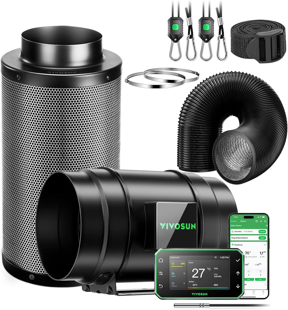 VIVOSUN Kit Ventilator Inline Inteligent 100mm/Evacuare AeroZesh G4 cu GrowHub E42A+, Controler de Temperatură și Umiditate, Telecomandă WiFi/Aplicație, Filtru de Cărbune Activ și Furtun pentru Corturi de Cultivare și Hidroponie