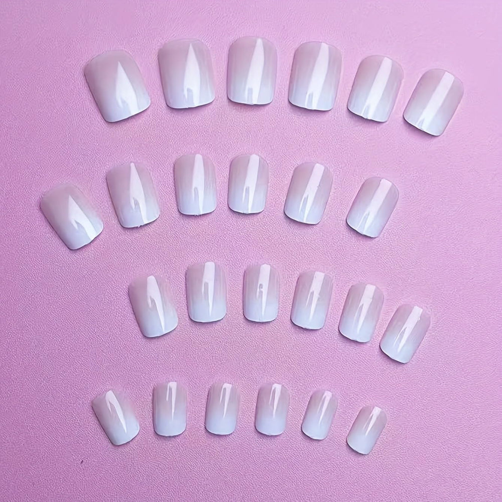 Set unghii false cu adeziv - Unghii false franțuzești - 24 bucăți, design pătrat scurt, gradient alb roz, unghii artificiale, manichiură balerină (gradient roz scurt)