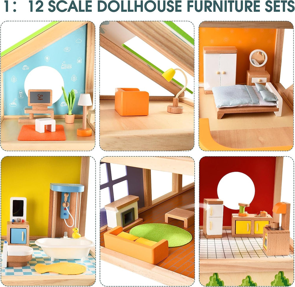 Casă de păpuși Hape Four Seasons - casă de păpuși cu trei etaje, din lemn, premiată, cu mobilier, accesorii, scări glisante și acoperiș reversibil pentru fiecare anotimp, pentru copii cu vârsta de 3 ani și peste