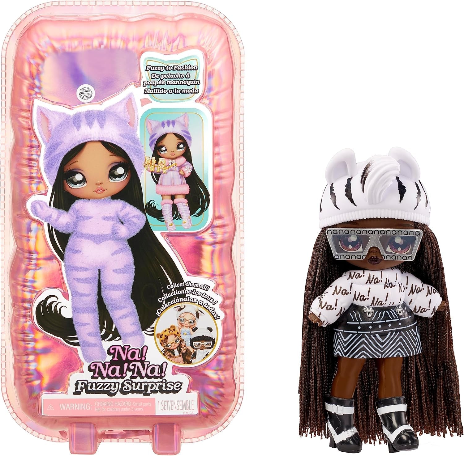 NA! NA! NA! Surprise Fuzzy Surprise Serie 1 - JENNEL Jaguar - 18 cm posierbare Modepuppe - Jaguar-inspiriert mit beflocktem Körper, Beanie, Brille, Outfit, und Schuhe - Spielzeug für Kinder ab 4+