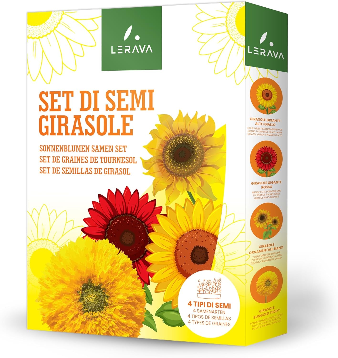 LERAVA® Sonnenblumen Samen Set (4 Sorten) - Riesige gelbe & rote Sonnenblume - Zwerg und Sungold Teddy - Premium Sonnenblumensamen für Garten und Balkon - Blumensamen Geschenk für Hobbygärtner