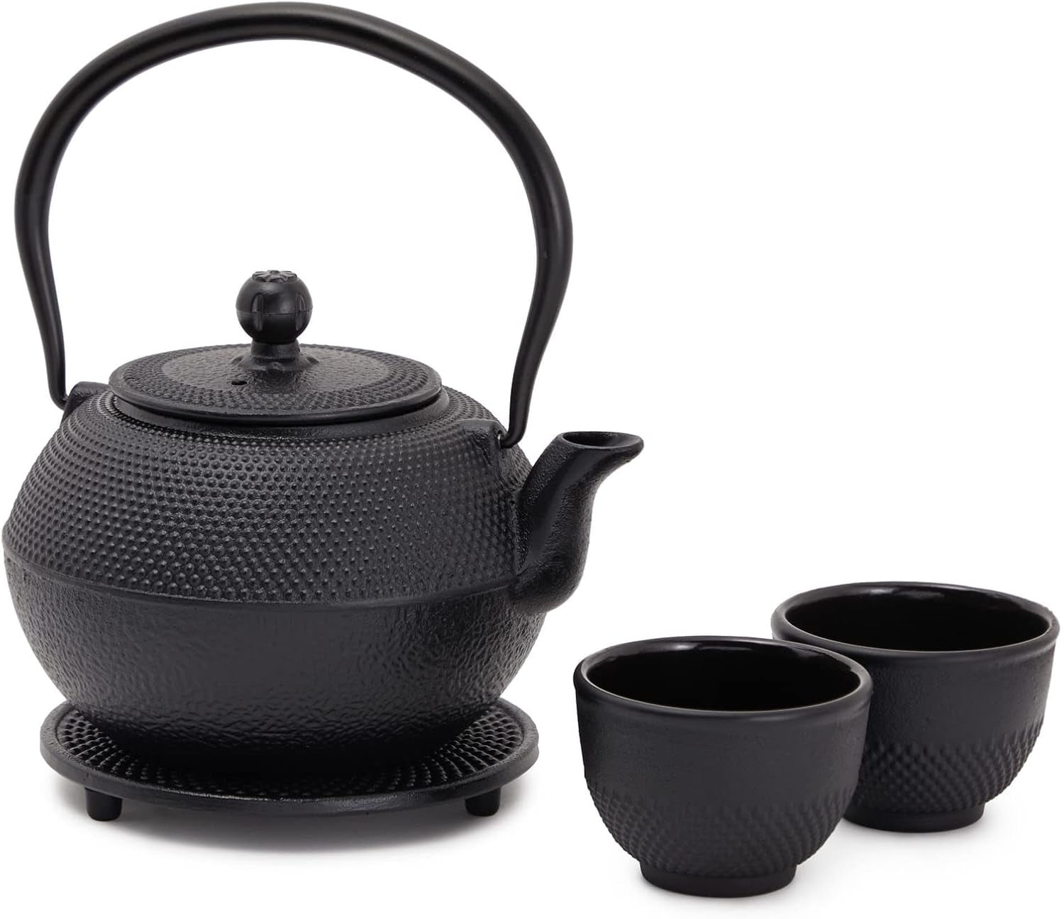 Set de ceai japonez Juvale cu ceainic din fontă (1200 ml), farfurie și 2 căni, set de ceai în stil Tetsubin, negru