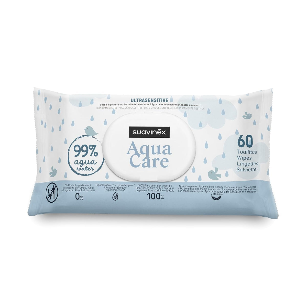 Șervețele umede Suavinex Aqua Care pentru bebeluși, 60 de unități, șervețele demachiante 99% apă, fibre de origine vegetală, cu aloe vera, fără parfum și alcool, testate dermatologic, potrivite pentru pielea sensibilă
